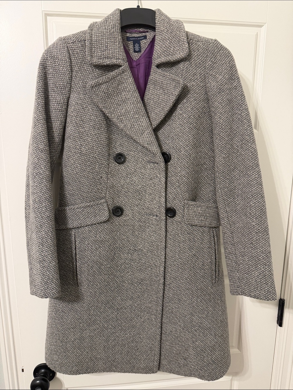 Tommy Hilfiger Gray Tweed Coat with Purple Lining